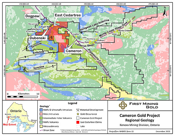 Plan map showing the regional geology of the Cameron Gold Project: