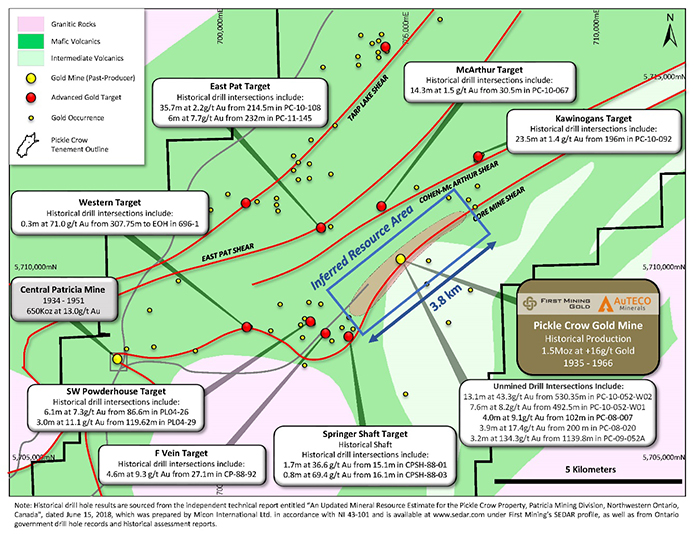 A map showing the identified regional shear zones and walk-up drill targets within the property area