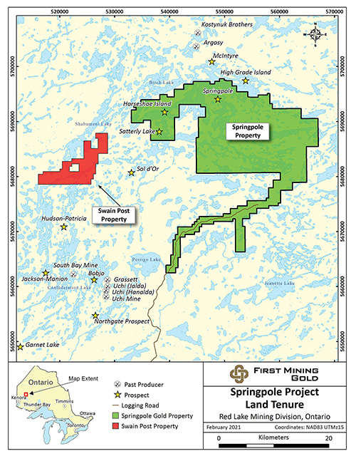 Plan map showing the Swain Post Property and the Springpole Gold Project: