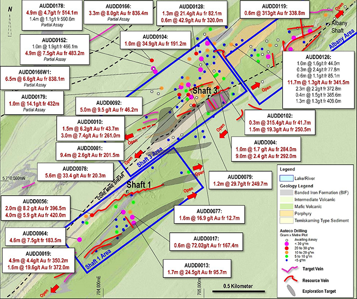 Plan location map of recent drilling in the Shaft 3 and Shaft 1 areas of the Pickle Crow deposit