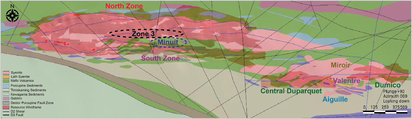 Plan view map of Duparquet geology and mineral resource with main targets around the core project area.