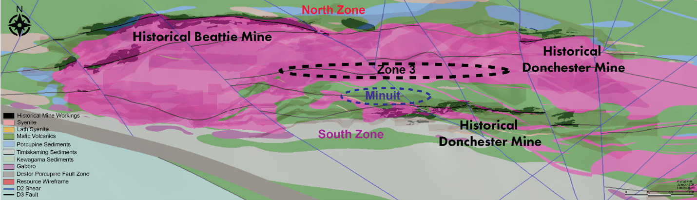 Plan view map of the Duparquet geology, mineral resource, and historical mine workings in the core Beattie syenite area.